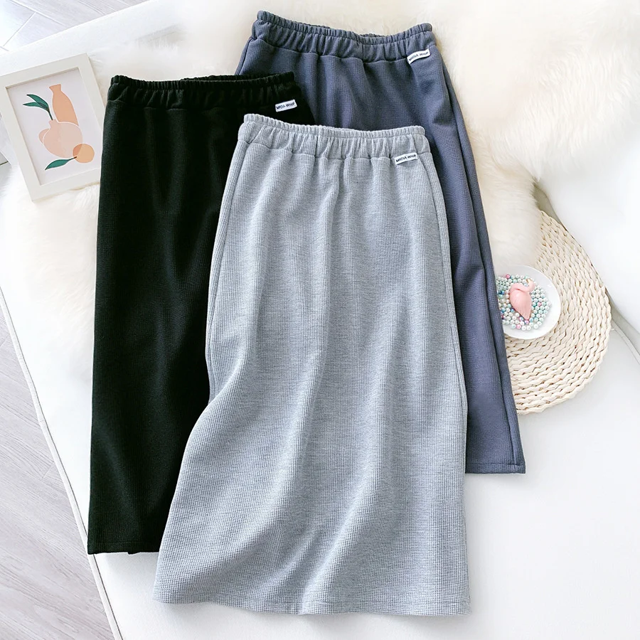 

Женская длинная юбка средней длины, однотонная универсальная трапециевидная юбка средней длины с разрезом и высокой талией в Корейском сти...