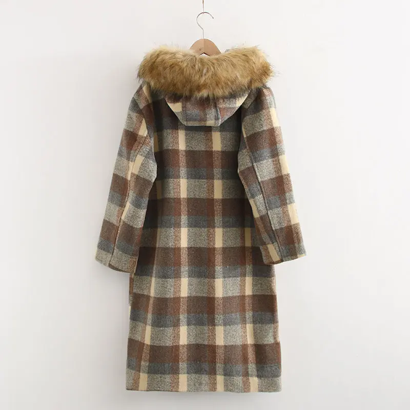 Повседневное коричневое женское клетчатое шерстяное пальто 2019 Осень-Зима Новая