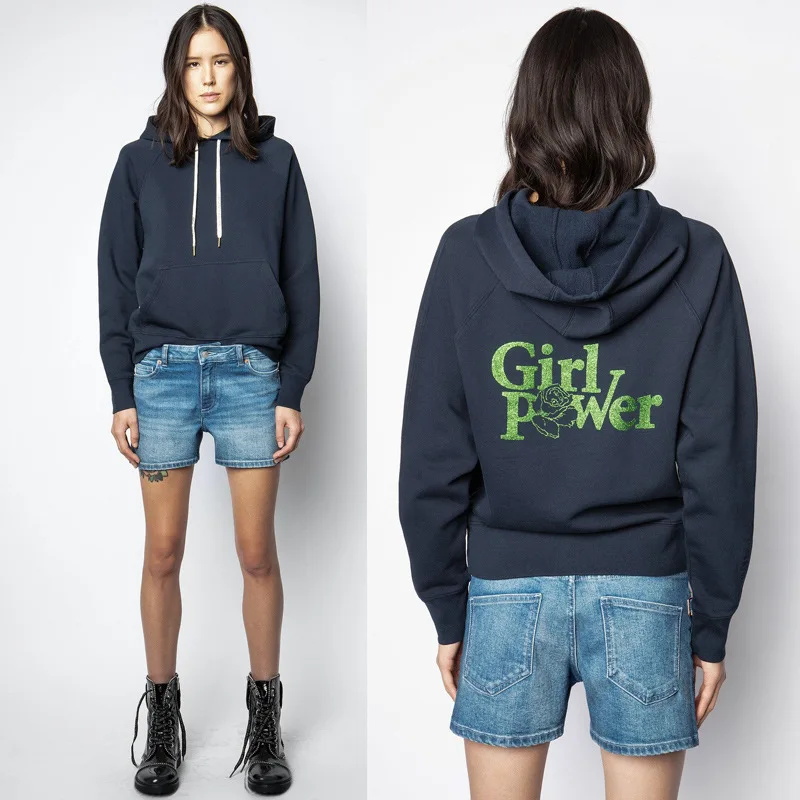 

Осенне-зимний женский свитер с капюшоном во французском стиле, теплые флисовые толстовки с надписью ярко-синего цвета и граффити