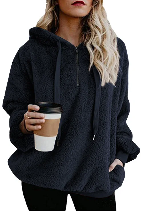 

autumn and winter new long-sleeved zipper hooded solid color women's sweater fleece jacket