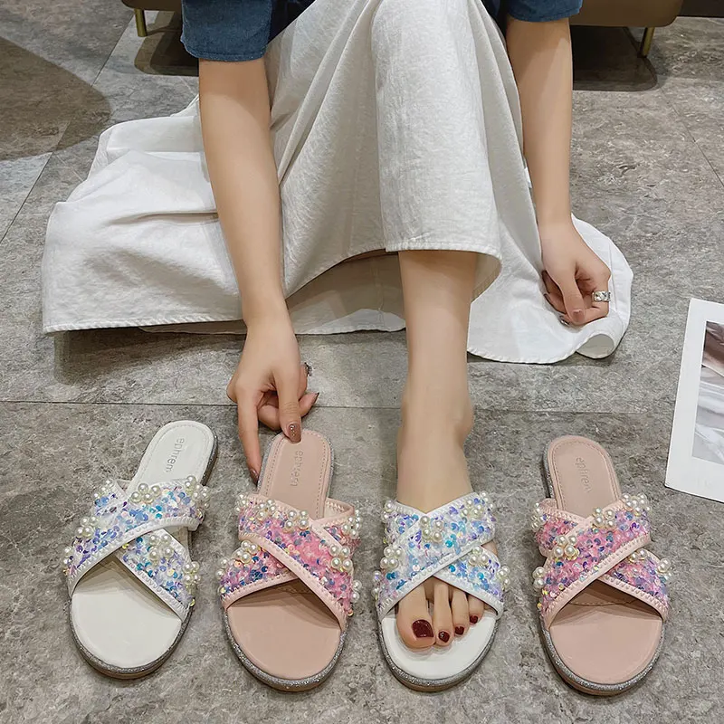 

Rubber Flip Flops Low Flat Shoes Female Womens Slippers Outdoor String Bead Luxury Slides Fringe Pantofle Hawaiian Designer