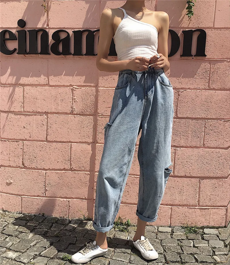 

Jeans Women Hole High Waist Button Zipper Fly Pockets Womens Jean Femme Chic Streetwear Ankle-length Trousers Bottoms Trendy