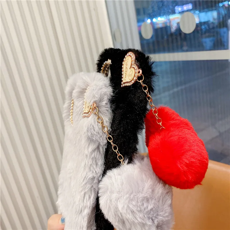 Love Heart Pendant Phone Case For Samsung A51 A71 A12 S21 S20 Note 20 Ultra A02S A32 A42 A52 A72 Rabbit Plush Furry Fluffy Cover
