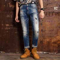 fashion streetwear men jeans retro blue slim fit elastic ripped jeans spliced paint designer denim pants hip hop jeans homme