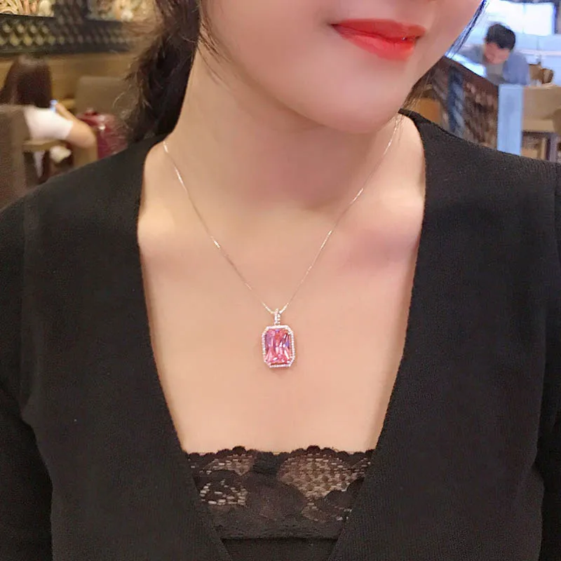 

BIJOX STORY 925 sterling silver necklace with rectangle shape pink zircon pendant fine jewelry for women wedding banquet party