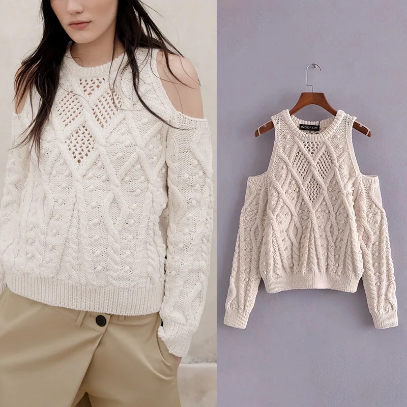 

Весна 2022, женский модный вязаный свитер с помпоном, повседневные женские короткие пуловеры с открытыми плечами и длинными рукавами и круглы...