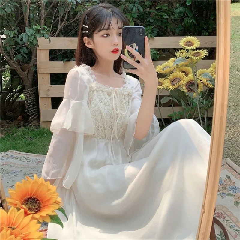 

Dress Women Vintage Elegant Design Chiffon French Style Party Midi Casual Clothes Spring Tender 2021 Prairie Chic Lace Patchwork