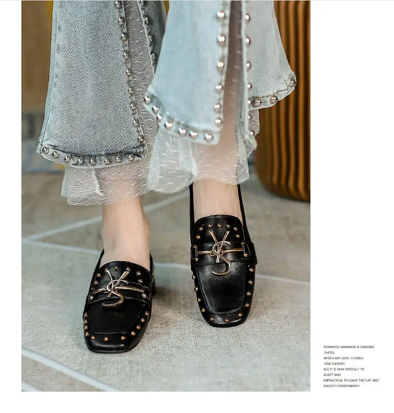 Soft leather leather shoes women's shoes 2021 spring rivets thick with single shoes women in solid color shoes