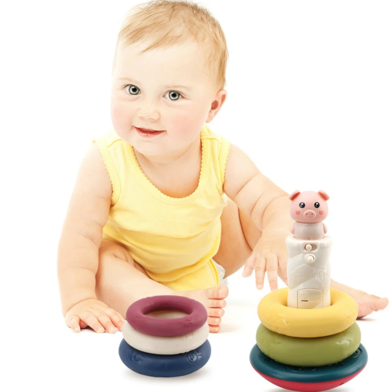 

Rainbow Circle Folding Music Rings Baby Tumbler Pig Rocking Tower Toys Upon Layer Hand-grabbed Stacked Color Toy 0-36Months Gift