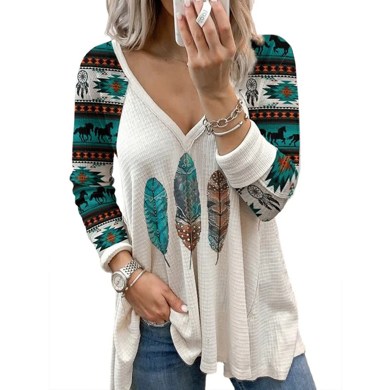 

Donsignet Women Tshirts 2021 Autumn Women's Clothing Printed National Style T-Shirt Long Sleeve V-neck Casual Women Tops