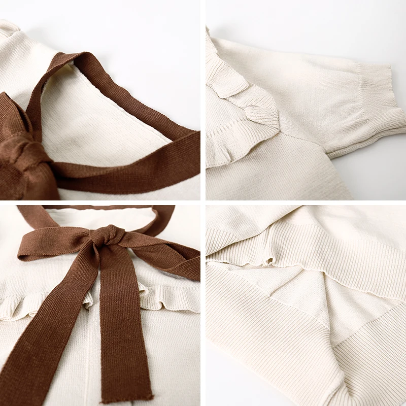 

2020 New Spring V-neck Ladies Sweet Short sleeve Bowknot Knit Sweater Women Single-breasted Lotus leaf