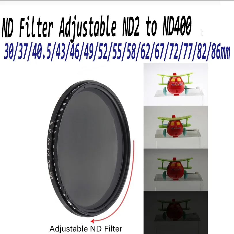 

ND2-400 Neutral Density Fader Variable ND Filter Adjustable 30/37/40.5/43/46/49/52/55/58/62/67/72/77/82/86MM Optical Glass Lens