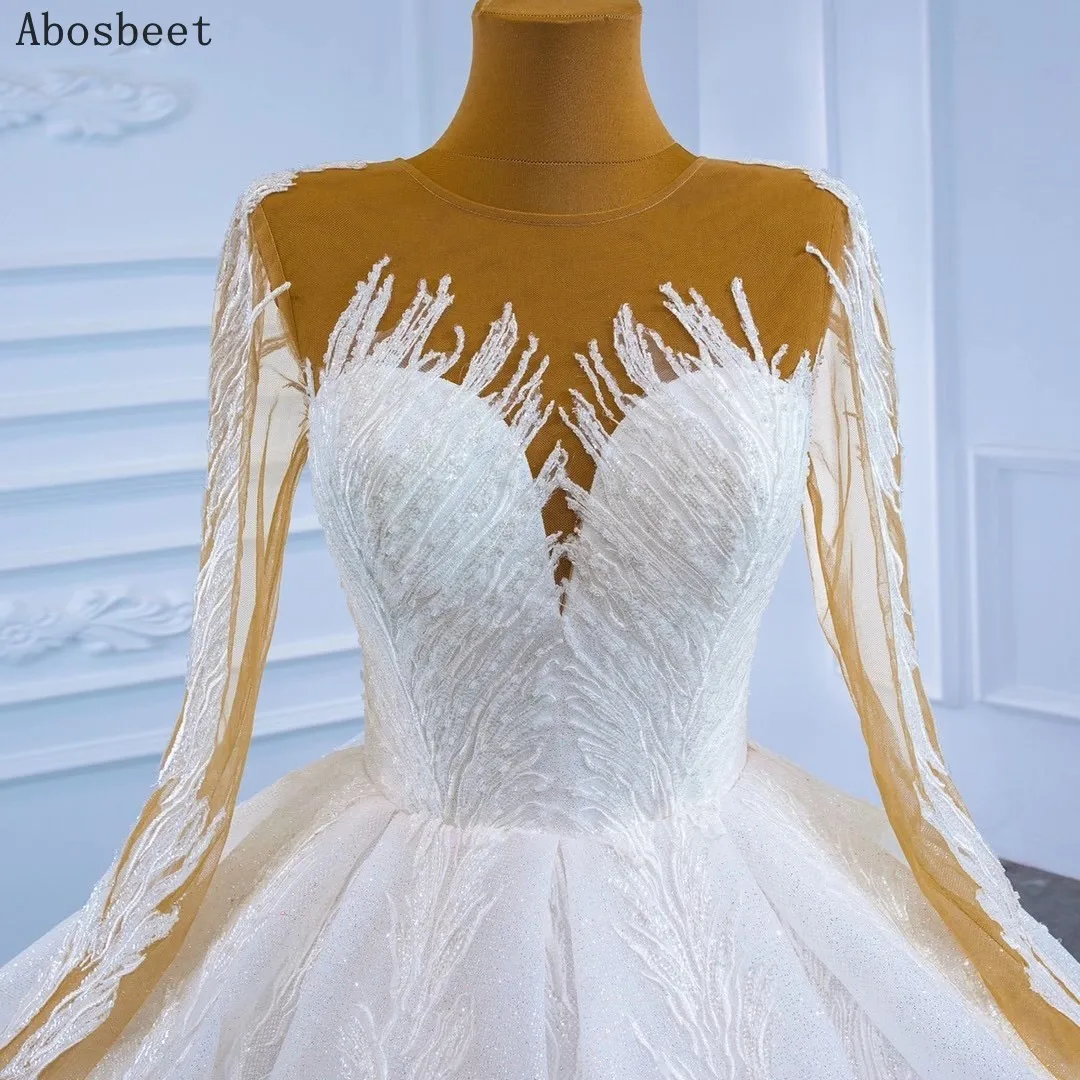 2021 Embroidery Lace Ball Gown Wedding Dress Long Sleeve White Elegant Wedding Gown Shining Sequins Long Train Lace Up Back