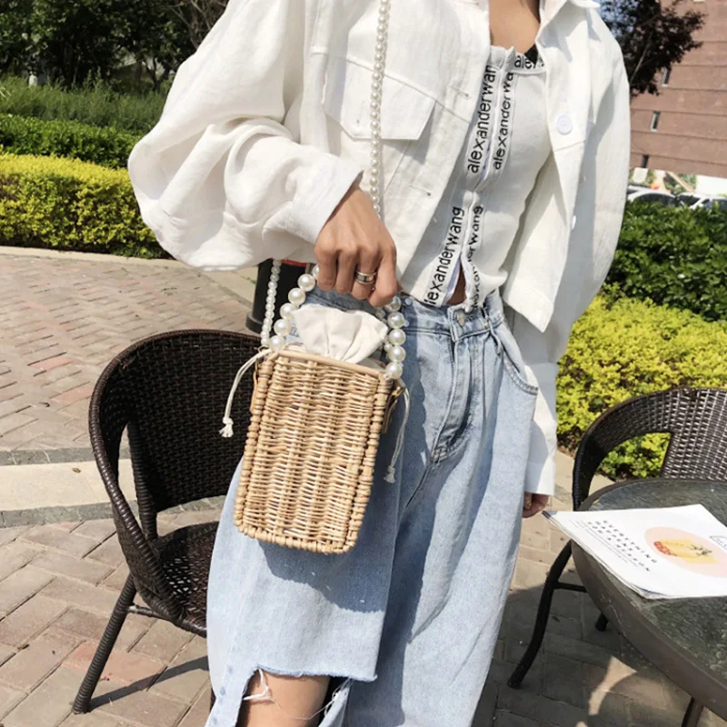 

Fashion Bohemian Straw Beach Bags for Women 2021 Summer New Pearl Chain Woven Handbags Shoulder Bag Female Casual Travel Purses