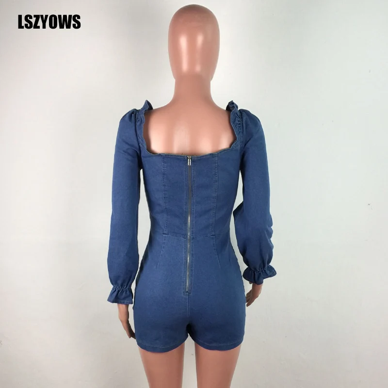 

Denim Playsuit Women 2021 Spring Fashion Long Sleeve Jeans Jumpsuit Female Vintage Ruffles Bodycon Party Rompers Casual Overalls