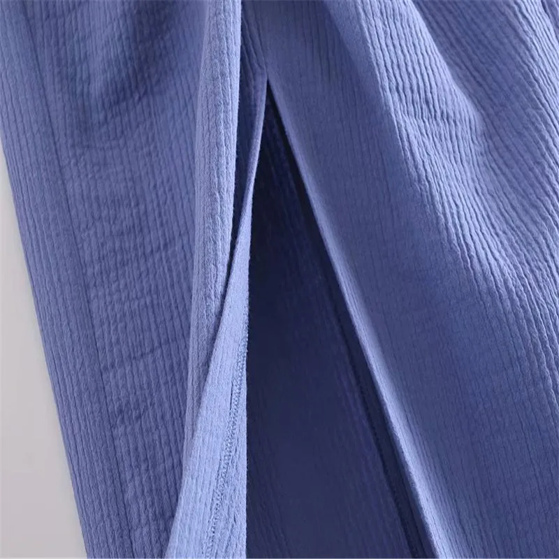 

2021 High Waist Print Ruched Summer Skirt Women Textured Knot Vintage Midi Blue Skirts Woman Chic Back Zip Slit Elegant Skirt