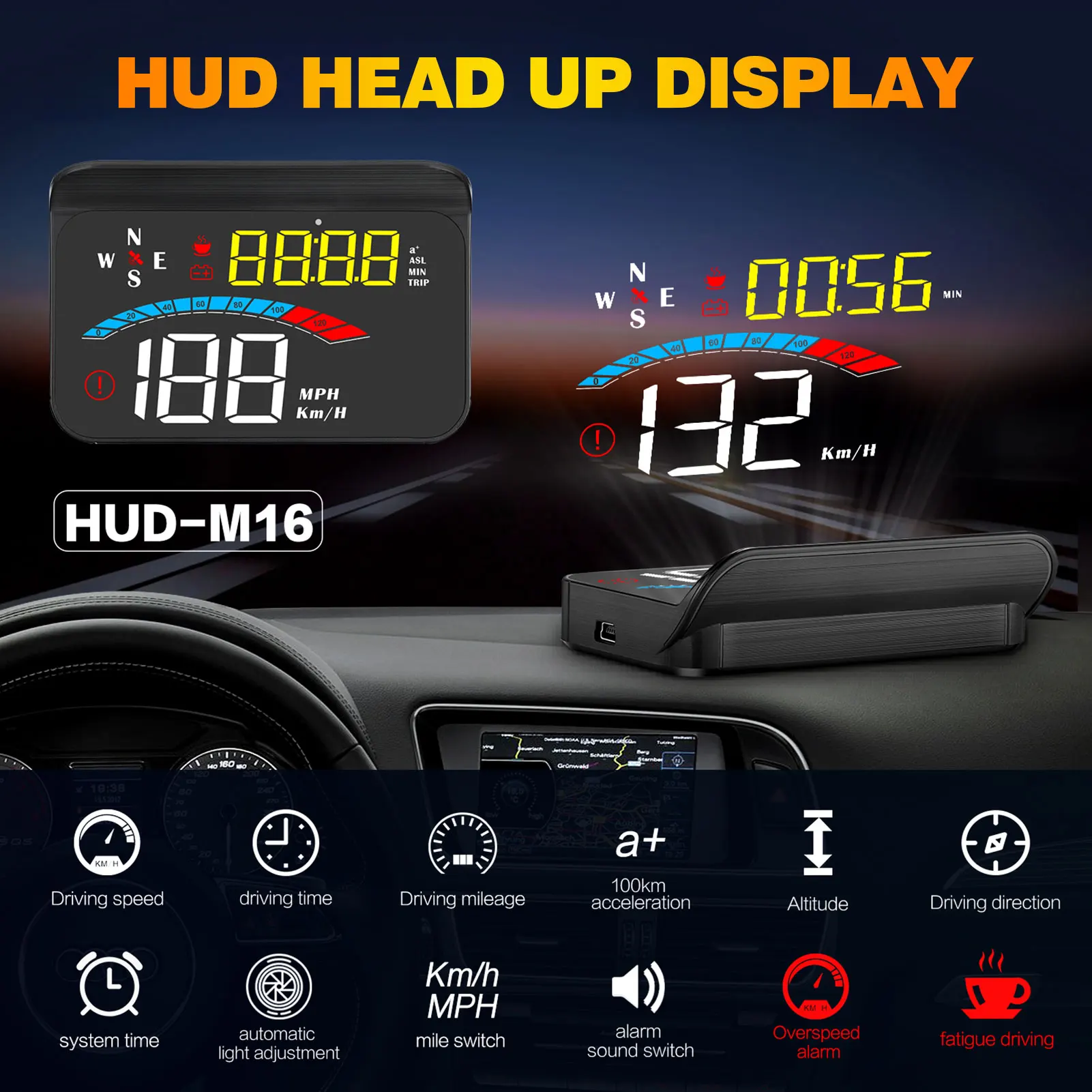 

Car Head Up Display Smart Modified General HD Monitor M16 Intelligent HUD Multiple Overspeed Warning System Drop Shipping