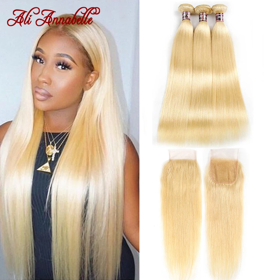 Ali Annabelle медовые блонд пучки с закрытием перуанские Реми прямые человеческие
