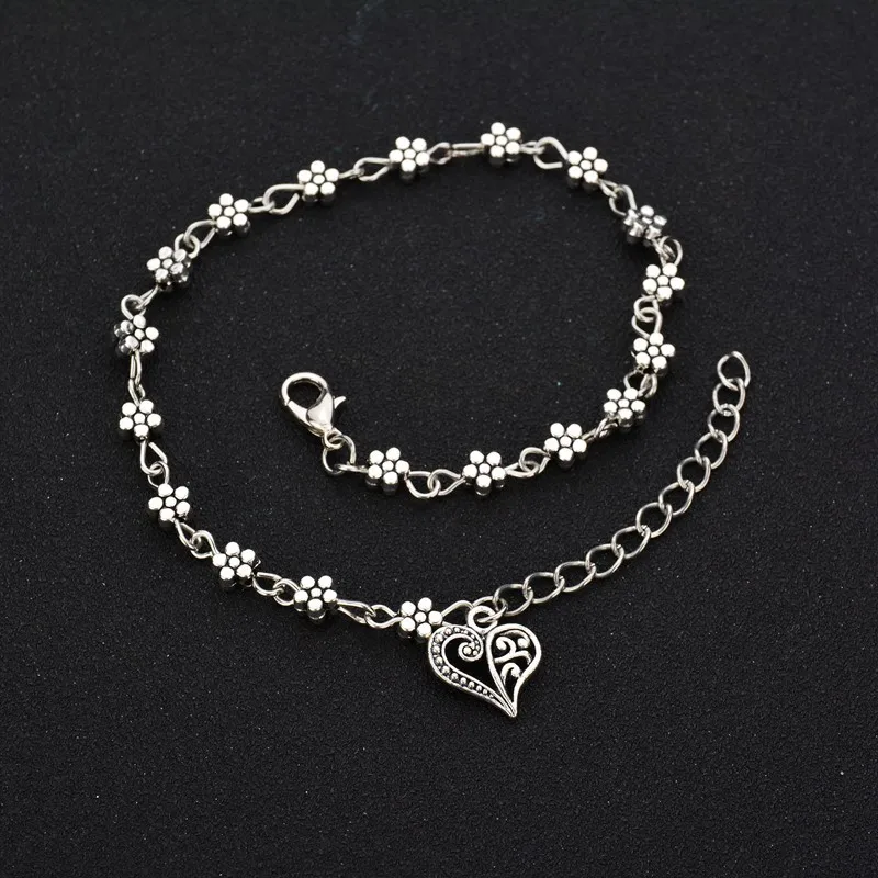 

Bohemia Fashion Retro Plum Blossom Anklet Peach Heart Pendant Bracelet Multifunctional Tassel Chain Foot Jewelry