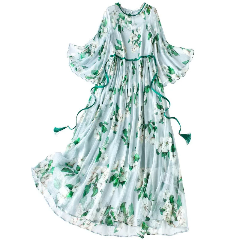 Only the 】 silk dress in summer of 2020 with A word falbala printed 81015 | Женская одежда