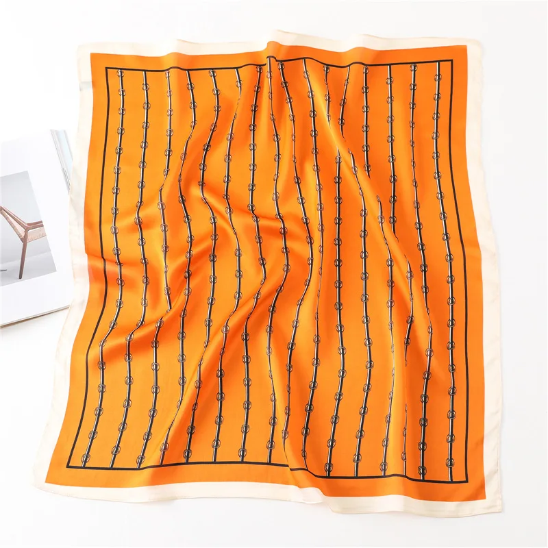 

2021 New Spring Silk Scarf Women Square Bandana Luxury Striped Ladies Neck Scarves Headkerchief Hijabs Shawl Female Foulard 70cm