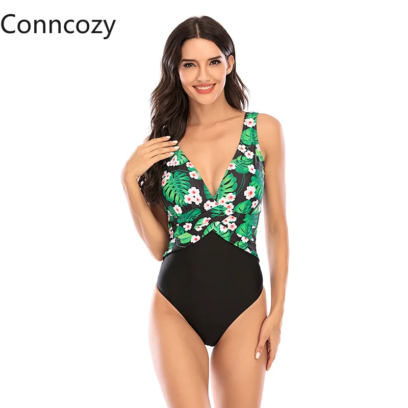 

2021 Bikini Bathing Suit Women One Piece Swimsuit Sexy V-neck Stitching Contrast Color Printed Swimsuit Women Swimming Suit