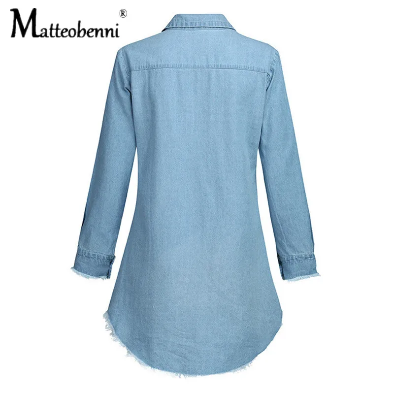 New 2021 Summer Fashion Women Tassels Denim Shirt Vintage Blue Pocket Jean Blouse Casual Loose Long Sleeve Ladies Streetwear Top cute blouses