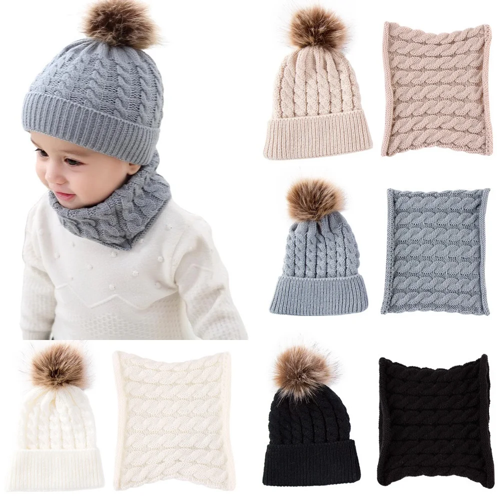 

Lovely Cute Soft Baby Kids Boy Girl Yarn Knitted Winter Warm Beanie Cap Hat Scarf Spring Warm Neck Collar Kids Beanies Sets