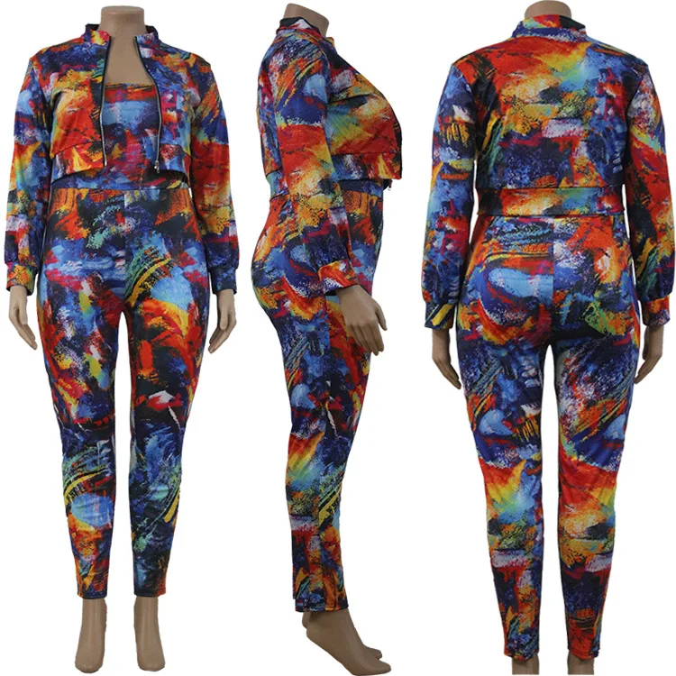 

Fashion Tie-Dye Printing Elastic Women Two Piece Sets 2021 Spring Plus Size Strapless Skinny Jumpsuits Long Sleeve Coats Outfits