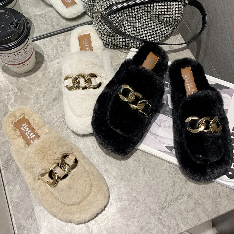 

Ladies Slippers Mules Women Flip Flop 2021 Winter Plush Metal Chain Indoor Rubber Slides Female Shoes Casual Outside Flip-Flops