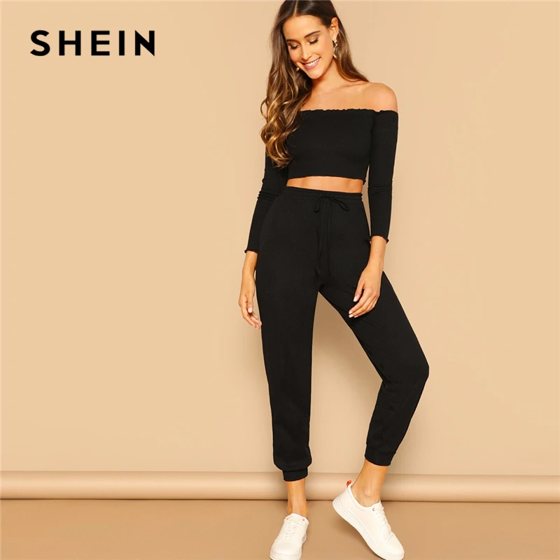 SHEIN Модный Топ С Открытыми Плечами И Спортивные Брюки Женский Спортивный Костюм
