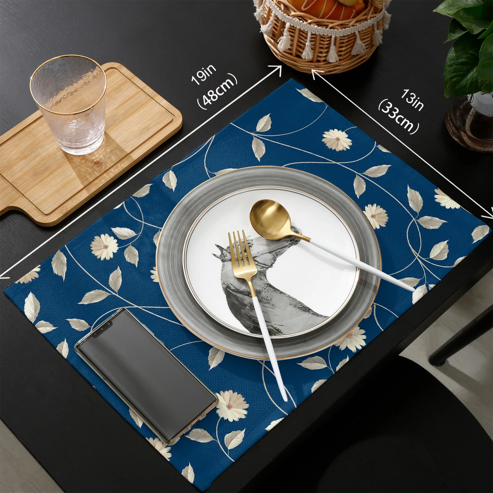 

Flower Leaves Rattan Blue Table Runner Placemats Set Wedding Table Decoration Table Runner for Kitchen Dining