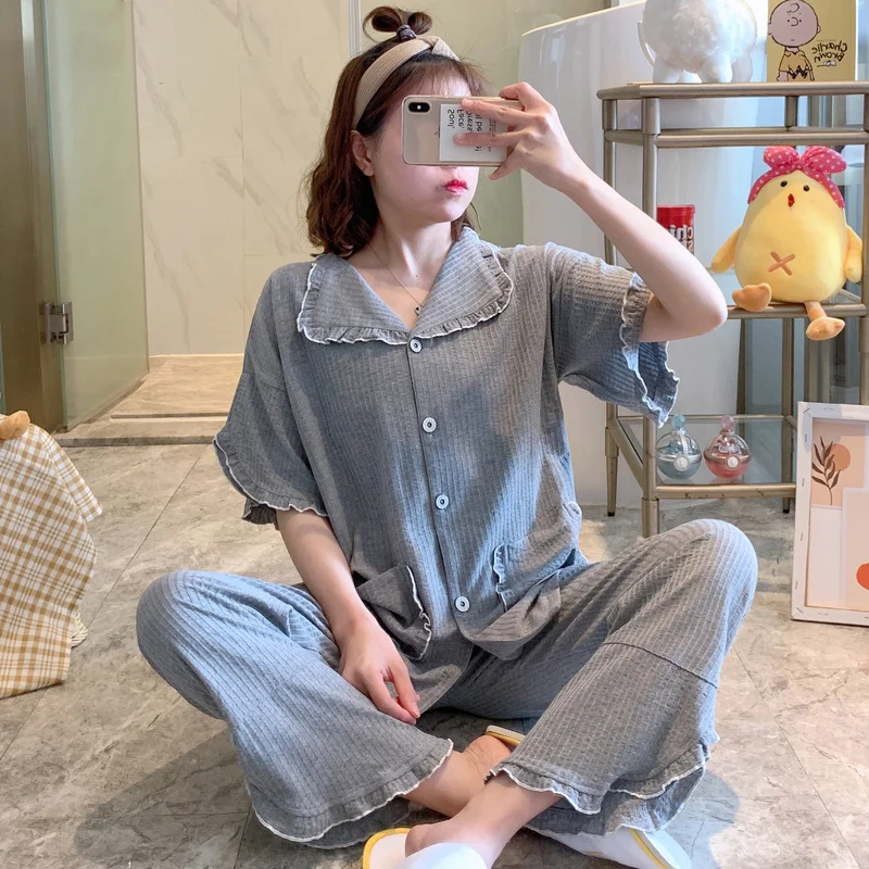

Harajpee 2PC Pajamas 2021 New Spring Autumn Cotton Pajama Girls' Summer Cardigan Thin Short Sleeve Trousers Loose Home Clothes