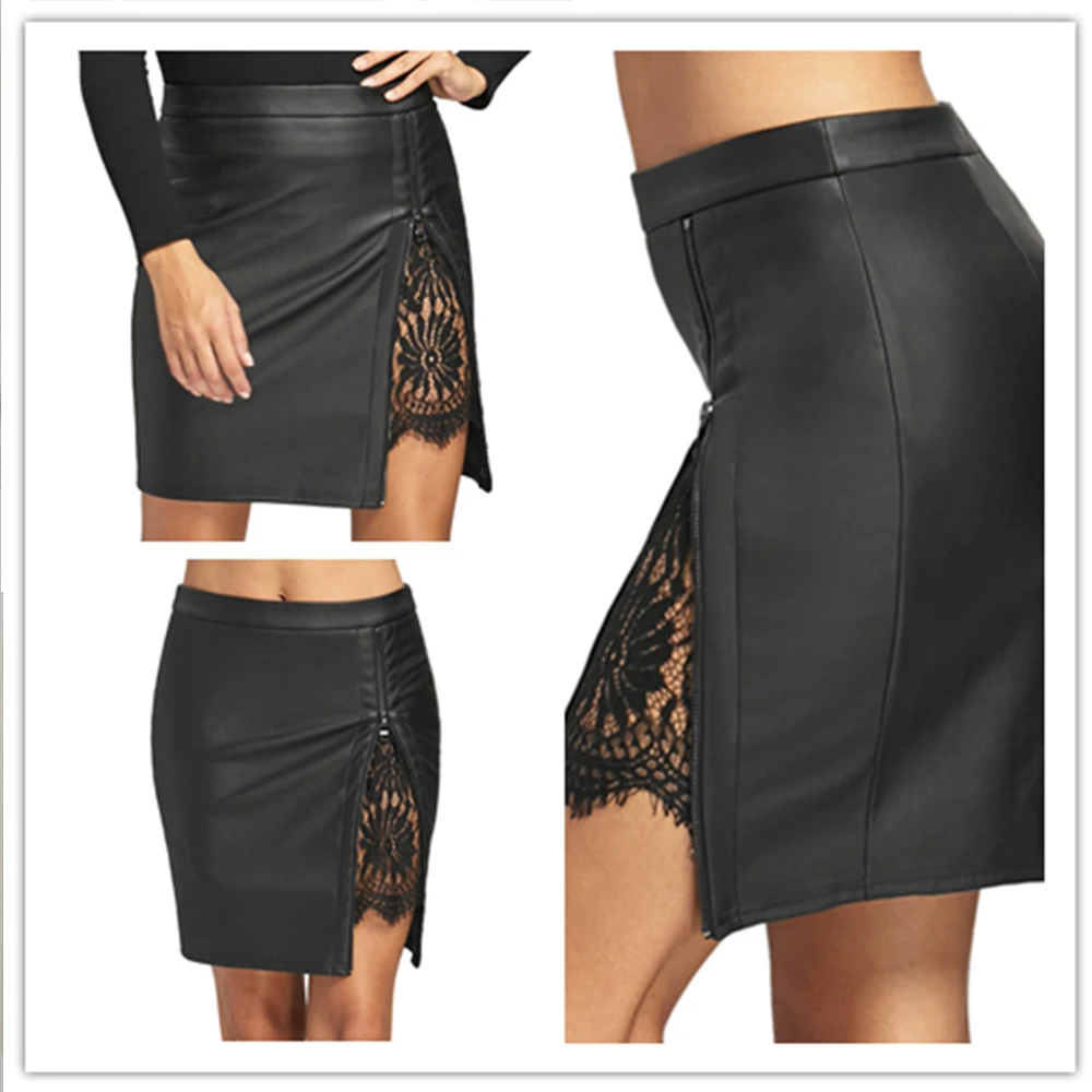 Кружевная летняя женская юбка с завышенной талией, черная облегающая мини-юбка с разрезом, сексуальная клубная юбка XS, модная кожаная юбка н... от AliExpress RU&CIS NEW