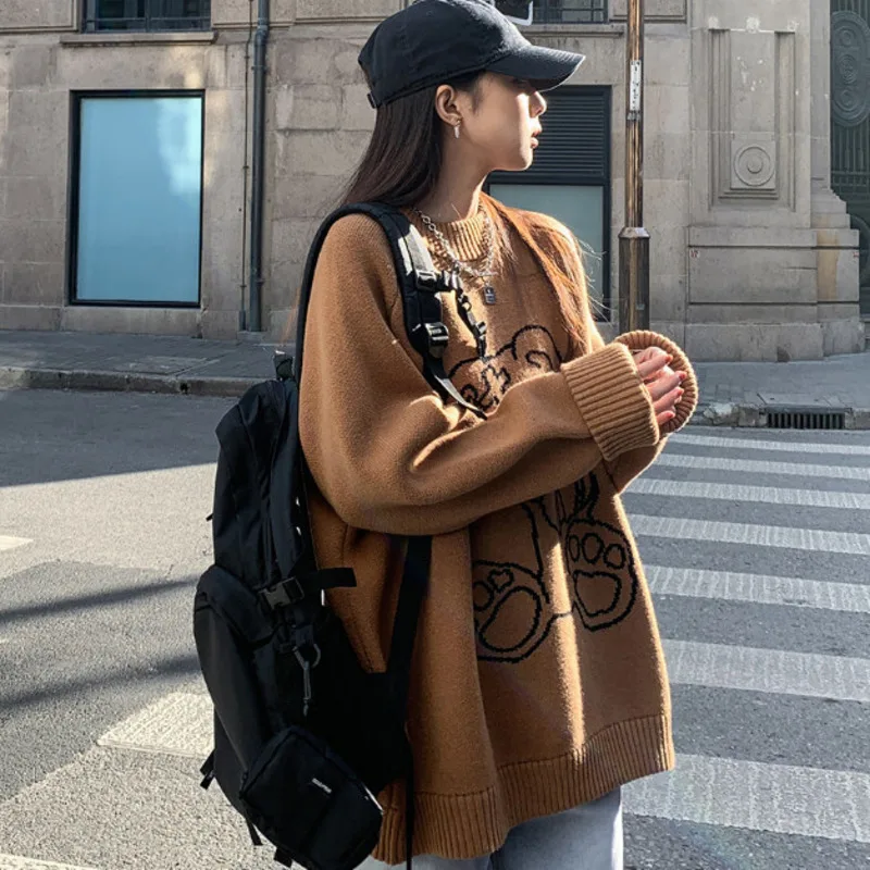 Большой Темный академический эстетический вязаный свитер с медведем утолщенные