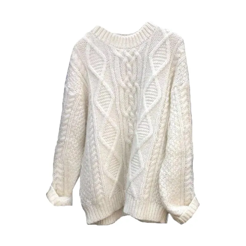 

White Twisted Women Sweater And Pullovers O-Neck Long-Sleeved Loose Solid Female Pulls Outwear Coats Tops