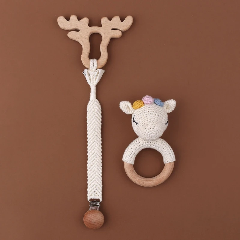 

1 Set Baby Newborn Knitted Cotton Deer Wooden Ring Teether+Pacifier Clip Chain Dummy Holder DIY Crochet Rattle Bracelet Toy L9CD