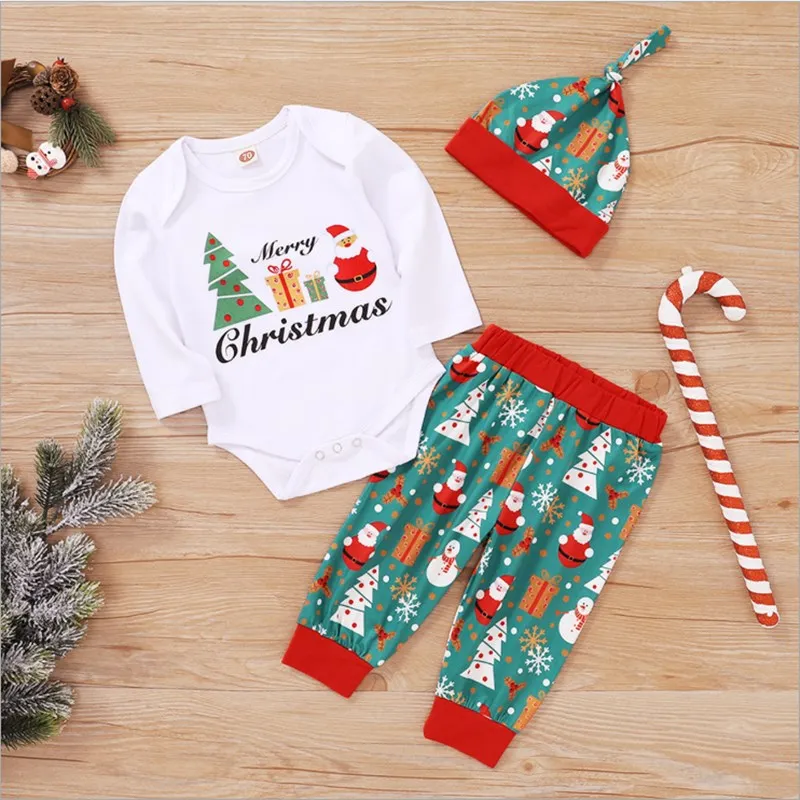 

Fashion Newborn Christmas Outfits Romper+Pant+Hat 3-piece Outfits Set Baby Born Clothes Cotton Infant Clothing