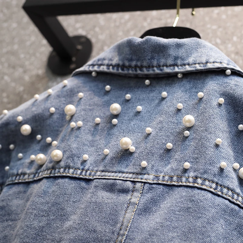 

JHBeute Autumn Denim Jacket Coat Women Beading Loose Overcoat Jeans Jacket Basic Coats Streetwear Long Sleeve Casual Outerwear