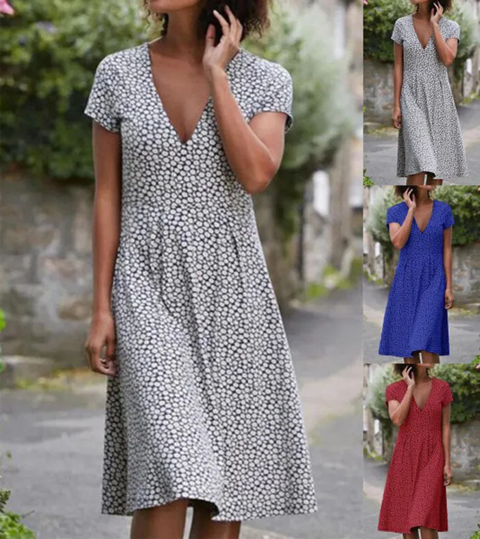 

New Summer Polka Dot Printed Dress Loose Short Sleeve Round Neck Dress Women's Casual Large Size Hedging Skirt Mid-length Skirt