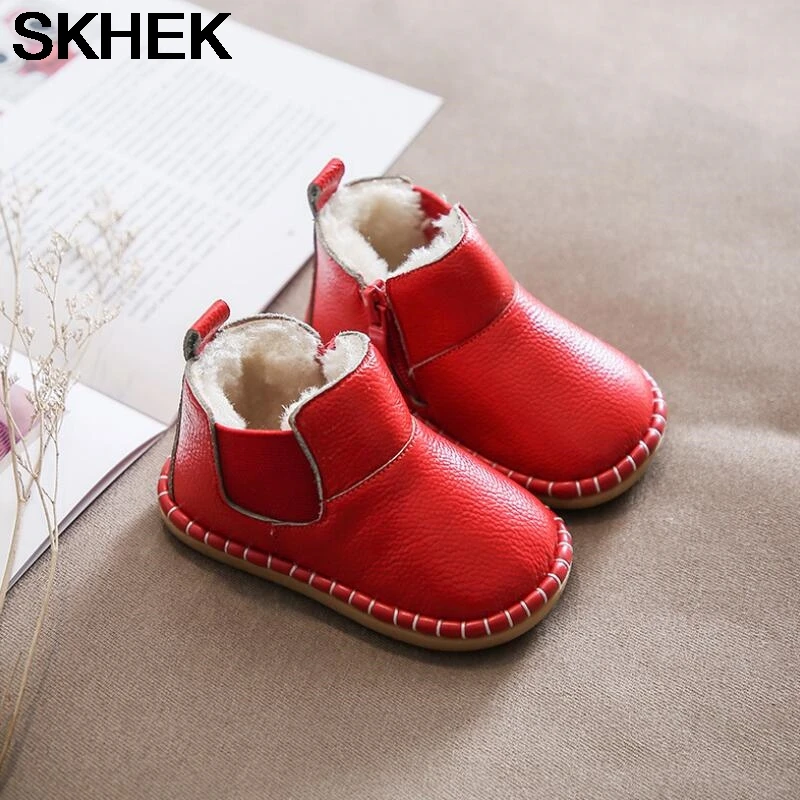 

SKHEK Kids Genuine Leather Baby Cotton Boots Soft Sole Winter Non-slip Shoes Toddler Footwears 0-3 Years Old Boys Ankle Infant
