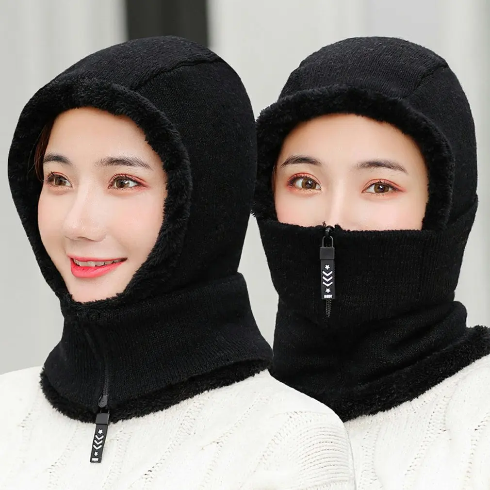 

Women Winter Knitted Hat Add Fur Lined Warm Winter Hat With Zipper Riding Skiing Face Cover Head Collar Warm Face
