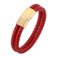 punk red double braided leather bracelet man fashion men jewelry stainless steel magnetic clasp male wristband gifts pd0505