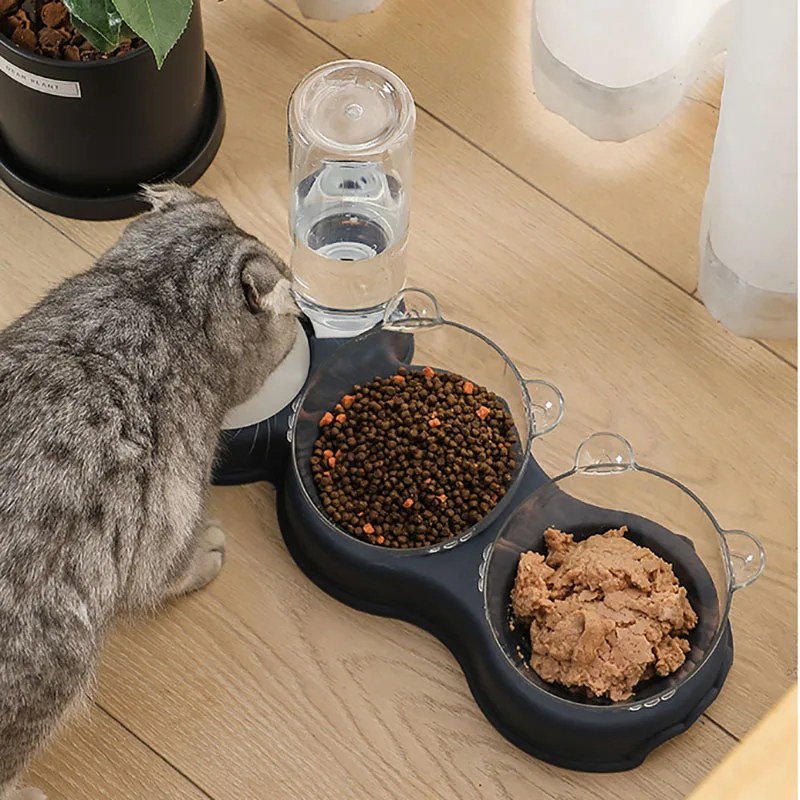 

Pet Cat Bowl Automatic Feeder 3-in-1 Dog Cat Food Bowl With Water Fountain Double Bowl Drinking Raised Stand Dish Bowls For Cats