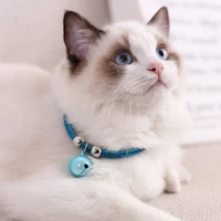 cute woven cat collars with bell pendant adjustable safety kitten collar puppy raabit necklace colorful pets accessories