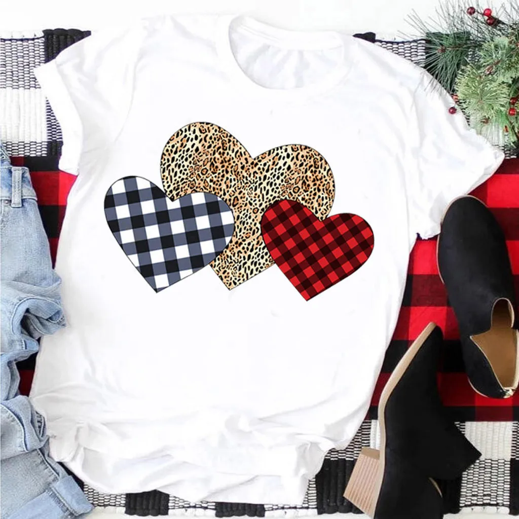 Женская футболка в клетку с принтом сердечек летняя рубашка на День святого