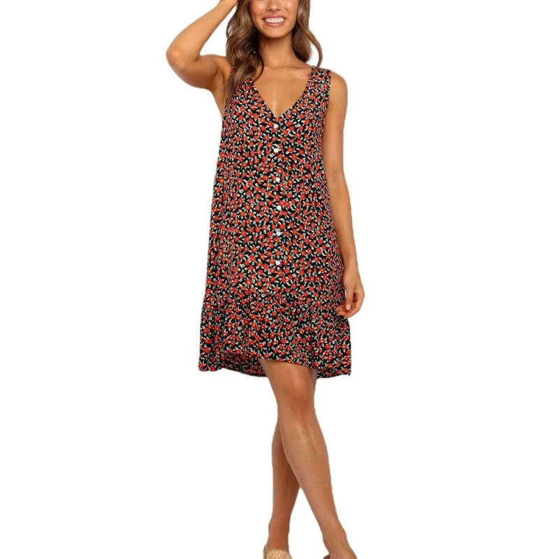 

Summer Women Dress Sexy Sleeveless V-Neck Slim Cool Button Print Female Short Dresses