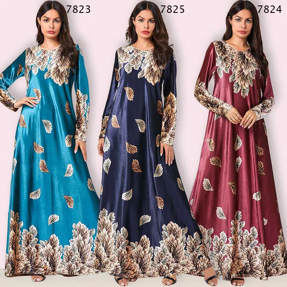BNSQ Velvet Gold Thread Print Long Dress Blue Leaves Positioning Flower Round Neck Sleeve Mopping Dresses Vintage Girls | Тематическая