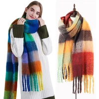 luxury brand women plaid scarf winter warm pashmina shawls cashmere thick wrap lady tassel scarves rainbow hairy bufanda