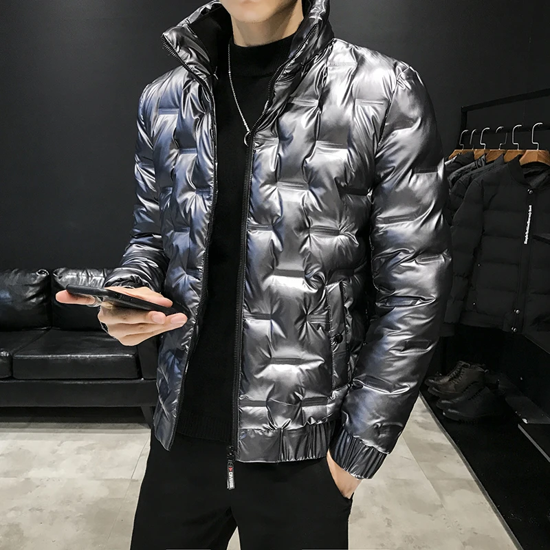 Men Stand Collar Jacket Leather Punk Coat Parka Padded Outwear Black Silver New Warm Mens Coats N043